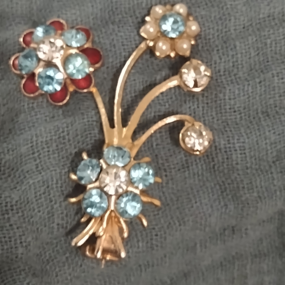 Vintage Gold/Gold Plate Cultured Pearls  Enamel Rhinestones Floral Brooch 2"